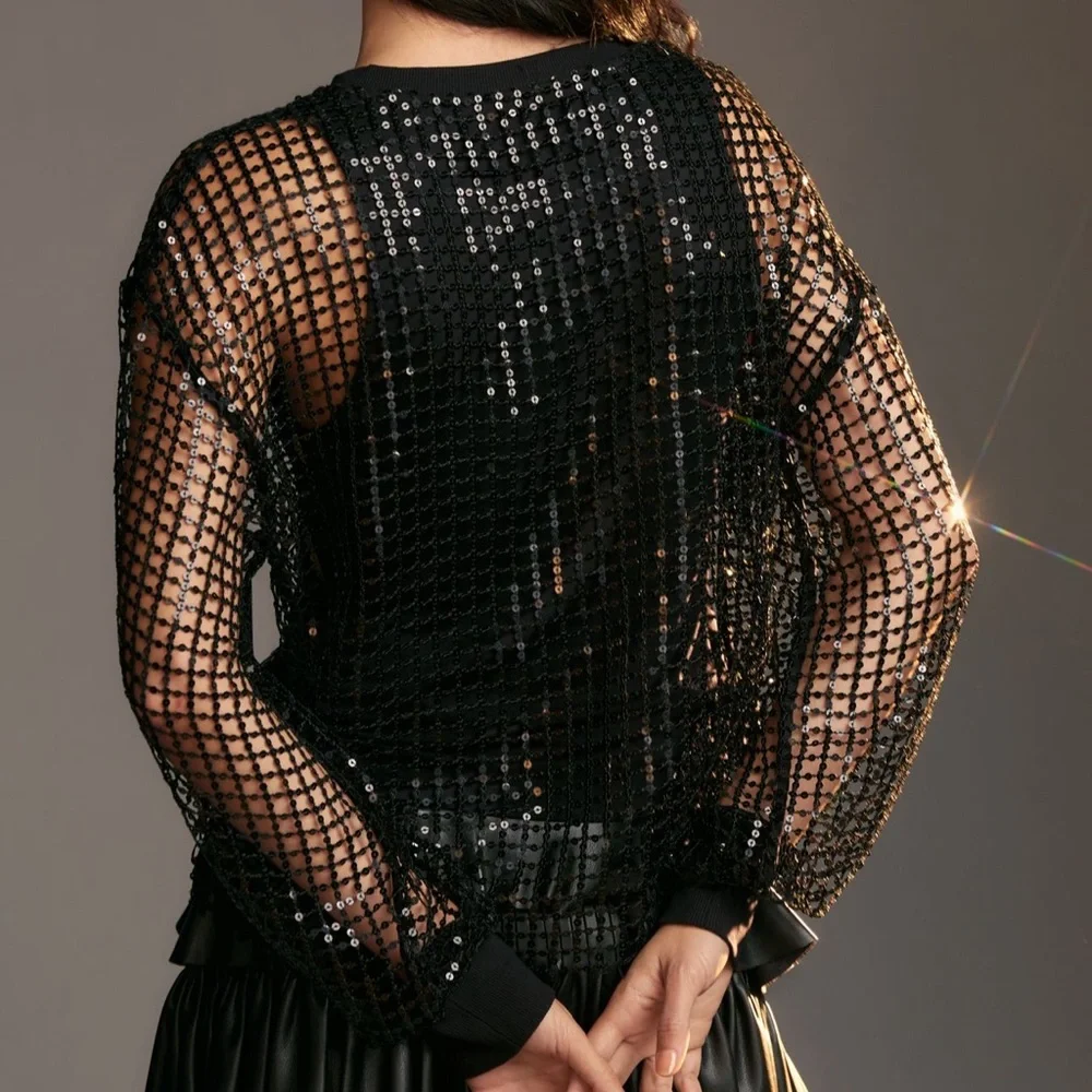 Anthropologie Black Sequin Long Sleeve Top - Picture 3 of 9